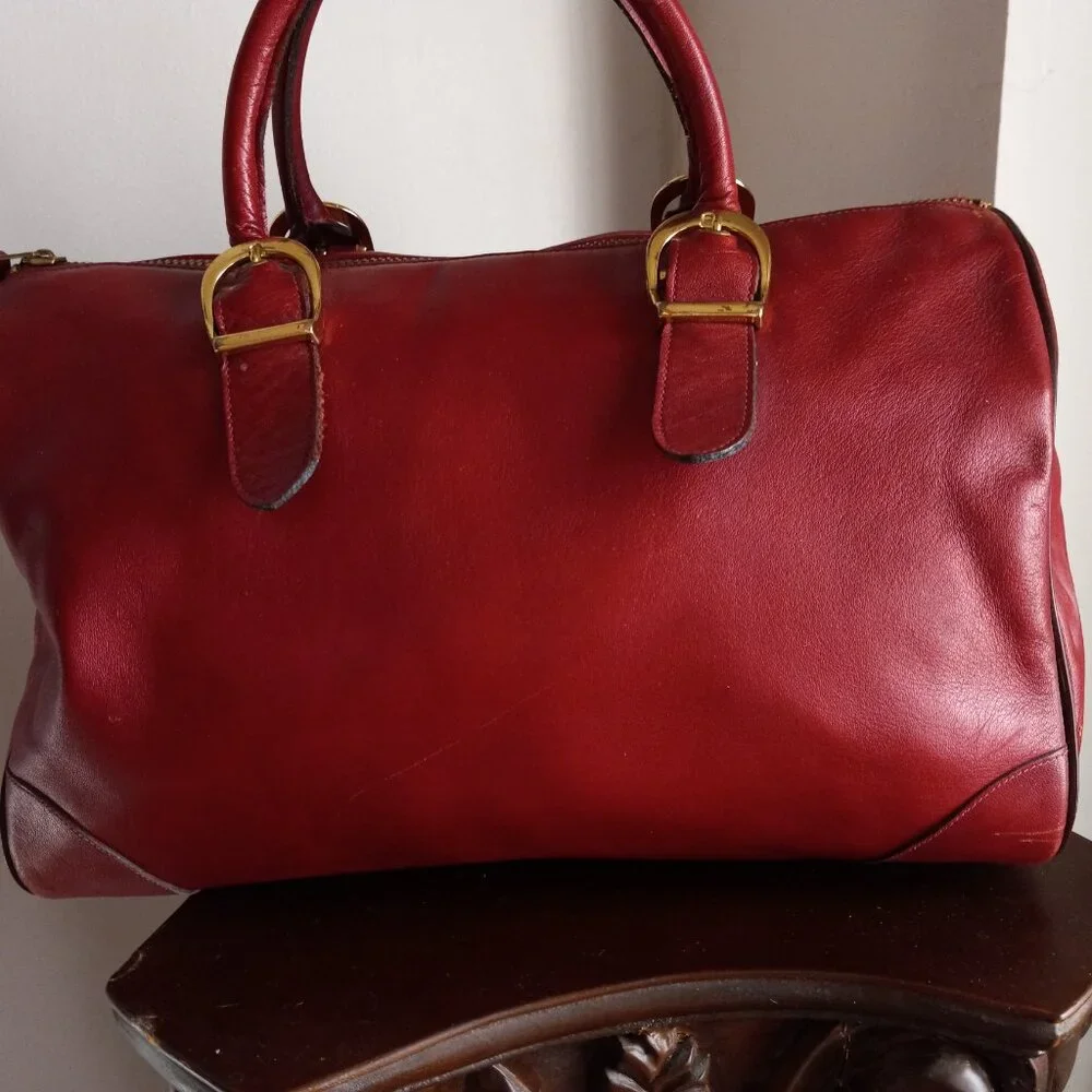 VINTAGE 80S 90S CROUCH & FITZGERALD BURGUNDY LEATHER BARREL PURSE BAG - Picture 3 of 9